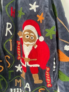 Veste en velours sur le thème de Noël de qualité supérieure pour femmes, brodée à la main avec un motif Père Noël, manches longues, manteau d'hiver pour femmes - Product Image 6
