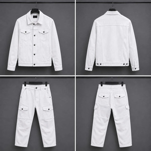 Ensemble veste bomber longue et pantalon blanc pour homme, logo frontal, cuir PU, couleur unie, col rabattu, fermeture boutonnée, vêtement de printemps - Product Image 2