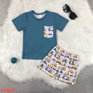 批发汉字定制男童夏季两件套服装套装卡通印花短袖抽绳短裤幼儿儿童服装 - Product Image 1