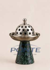 Quemador de incienso de mármol verde y metal con tapa con diseño de estrellas, Mubkhar árabe moderno para Oud, incienso y decoración para el hogar. - Product Image 3