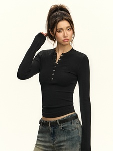 T-shirt blanc slim à col Henry pour femme, en tissu côtelé élastique, décontracté, pour l'automne, haut ajusté, sous-vêtement de base - Product Image 2