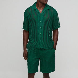 Nouvel ensemble tricoté pour homme été 2025 – Chemise et short décontractés de couleur unie, deux pièces - Product Image 3