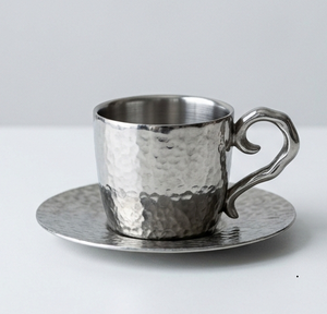 Hammered Stainless Steel Tea <b>Cup</b> with <b>Saucer</b> Silver Metal Drinkware with Unique Handle - Product Image 1