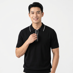 Polo à manches courtes pour homme, noir, couleur unie, tissu en coton, design boutonné décontracté, coupe classique - Product Image 4