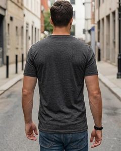 T-shirt à manches courtes pour homme, gris foncé, col rond, coupe ajustée, couleur unie, jersey décontracté, matière respirante en coton - Product Image 3