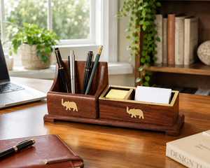 Curio Craft Wooden Handmade <b>Desk</b> <b>Organizer</b> Rectangle Shape Single Tier Multi-Purpose Storage Tray Elephant Design Office Use - Product Image 6