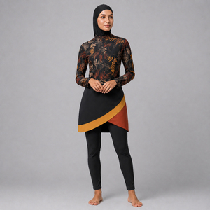High Quality Designer 3-Piece Muslim <b>Burkini</b> Set Women Modest Luxury Fall Leaf Print <b>Swimwear</b> Full Coverage Islamic Swim Suit - Product Image 4