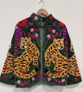 Bata de mujer con cuello en V, 100% algodón, reversible, con bordado floral azul, tipo kimono largo, con cinturón, para estar en casa, hecha a mano - Product Image 2