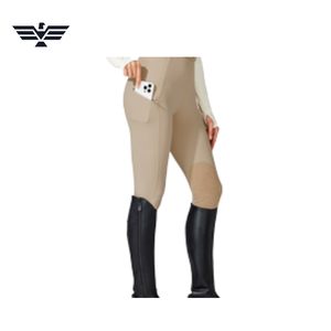 Women High Waist Beige Riding Pants Spandex Nylon Four-Way Stretch Elastic Waist Pockets Ankle-Length Knitted Solid - Product Image 2