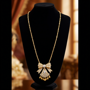 Luxury Brass Gold Plated <b>Bridal</b> Jewelry <b>Set</b> with Zircon Bow <b>Earrings</b> <b>and</b> Long <b>Necklace</b> - Product Image 3
