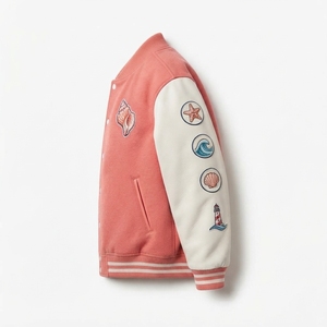 Blouson universitaire style bomber moderne en techniques mixtes, corps en laine originale, manches en cuir synthétique, couleur personnalisée, bordure en tricot côtelé, fermeture à boutons-pression - Product Image 3