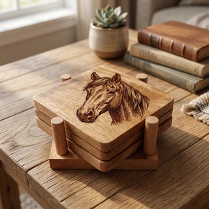 Juego de Posavasos Cuadrados de Madera Rústica con Diseño de Caballo, Hechos a Mano en Uttar Pradesh, 10 cm de Diámetro - Product Image 2