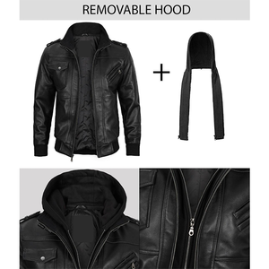 Blouson en cuir de vachette noir OEM Hiver 2026 pour homme, col à capuche, poches zippées, logo frontal, 100% haute qualité, faible MOQ, tendance - Product Image 6