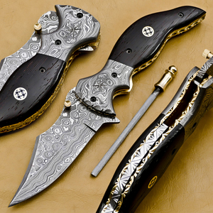 Herramienta Plegable de Acero de Damasco Hecha a Mano OEM con Mango de Madera Natural Oscura, Bolster de Acero de Damasco, Pin Decorativo de Mosaico - Product Image 1