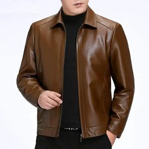 Customize Men's Brown Genuine Leather <b>Biker</b> <b>Jacket</b> Stand Collar Zipper Waterproof High Street Winter - Product Image 2