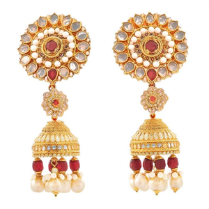 Pendientes Jhumki Tradicionales Lucentarts, Chapados en Oro, con Piedra Pota y Perla, Diseño Colgante Fino -10575572WH - Product Image 2