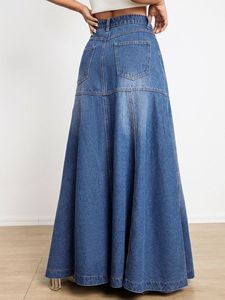 High Waisted A-Line Denim Maxi Skirt Women Solid Button Front Washed Casual Style Spring Loose Fit - Product Image 5
