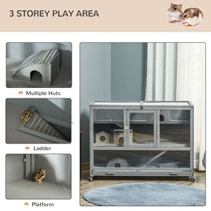 Jaula de Madera de 3 Niveles Color Gris Oscuro para Animales Pequeños, Jaula para Hámster de 3 Niveles con Escalera y Ruedas - Product Image 4