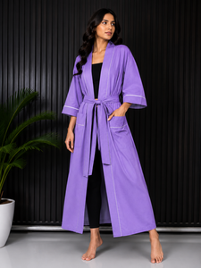 Peignoir de luxe en coton épais violet à séchage rapide pour femmes et couples, avec cordon de serrage, couleur unie - Product Image 1