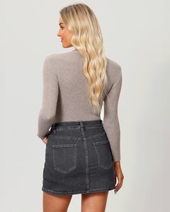 Mini-jupe en jean taille haute avec poches, fente, couleur unie délavée, coupe décontractée pour femme, style automne été printemps - Product Image 6