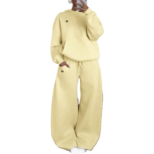 <b>Women</b> <b>Yellow</b> Hooded <b>Tracksuit</b> Set Casual Full Length Sweatshirt And Sweatpants Solid Color Loose Fit Autumn Wear - Product Image 4