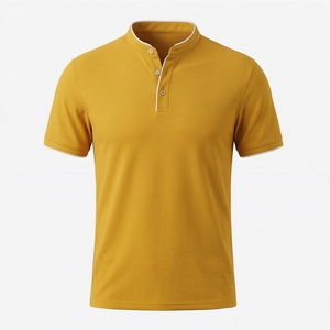 Polo à manches courtes pour homme, couleur jaune moutarde, tricoté, uni, décontracté, coupe classique, boutons - Product Image 1