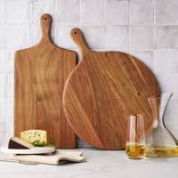 Papan Pemotong Kayu Bulat Grosir dari Kayu Akasia Alami, Pisau Pizza dengan Gagang
