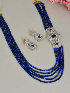 Parure de bijoux de fête classique pour femme, plaqué or bleu saphir, style indien, long collier Rani Haar, boucles d'oreilles, pour mariée - Product Image 4