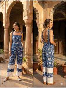 Combinaison imprimée numérique bleu indigo, salopette en coton à jambes larges pour femme, combishort bohème d'été, ethnique indien, manches 3/4, taille naturelle - Product Image 4