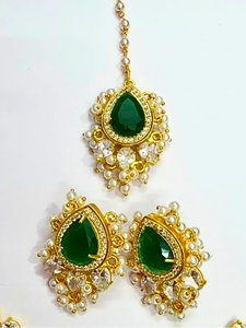 Classic 18K Gold Plated Green <b>Boho</b> <b>Necklace</b> Set with Statement Stud Earrings and Maangtika Wholesale Set Customization available - Product Image 2