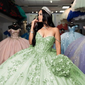 Abito da ballo di lusso <span class=keywords><strong>verde</strong></span> <span class=keywords><strong>menta</strong></span> per Quinceañera, con spalle scoperte, perline, applicazioni in pizzo, corsetto, stile principessa, per ballo di fine anno o serate eleganti - Product Image 6