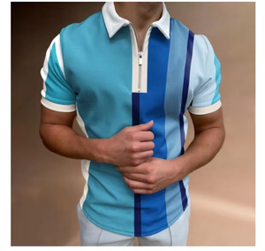 Men's <b>Navy</b> <b>Blue</b> Short Sleeve <b>Polo</b> <b>Shirt</b> With White Collar And Trim Zipper Design Knitted Breathable Solid Color Regular Fit - Product Image 4