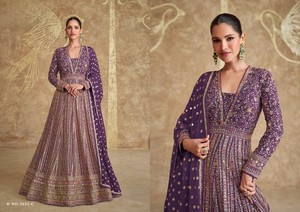 Elegant Women's Purple Embroidered Anarkali Salwar Kameez Lehenga Set Full Length V-Neck <b>Top</b> with Dupatta Patterned Dress - Product Image 3