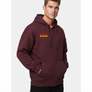 Factory Direct Sale Men's <b>Burgundy</b> Zip-Up <b>Hoodie</b> With Front Logo Print Casual Fleece Sweatshirt Regular Fit Autumn Wear - Product Image 5