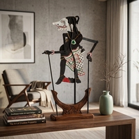 Marionnette de l'ombre Wayang Kulit Petruk en cuir indonésien artisanal, décoration de table traditionnelle javanaise, objet d'art ethnique