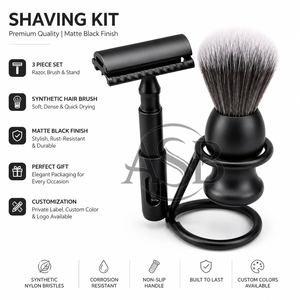 Ensemble de rasage pour homme personnalisé noir mat avec logo, kit trois pièces avec brosse à poils synthétiques, rasoir de sécurité, support de rasage, coffret cadeau - Product Image 4