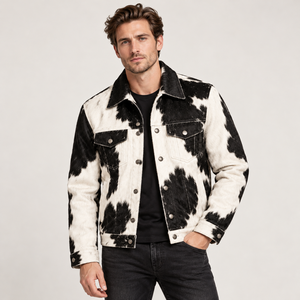 Veste en fourrure à imprimé vache noir et blanc pour homme, style western, boutonnée, col rabattu - Product Image 3