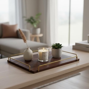 Luxury Acacia Wood Modern Eco-friendly Serving Tray with Gold Metal Handles Rectangular Ottoman Coffee <b>Table</b> Home Decor - Product Image 5