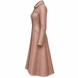 Womens Genuine Leather Long Duster <b>Coat</b> Dusty Rose Pink Tailored Slim Trench Jacket <b>Flared</b> Hem Turn Down Collar Button Outerwear - Product Image 4