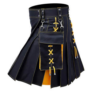 Kilt écossais pour homme en coton noir et jaune avec poches cargo amovibles et détails à lacets, kilt hybride - Product Image 1
