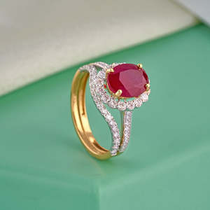 Purecarat Oro amarillo Oval Rubí Diamante Halo Anillo de compromiso Colección de anillos de diamantes elegantes - Product Image 3