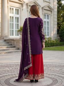 Ensemble de costume indien pakistanais en soie brodée violette, Salwar Kameez Dupatta, tenue de mariage traditionnelle pour femmes, vêtements de soirée - Product Image 4