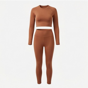 Women Brown <b>Long</b> Sleeve Crew Neck Crop <b>Top</b> High Waist Full Length <b>Leggings</b> 2 Piece Yoga Set - Product Image 1