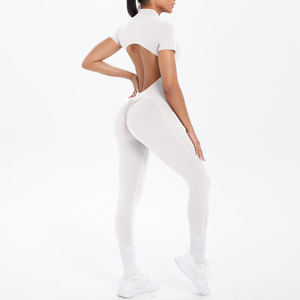 Ensemble de yoga 2 pièces blanc pour femme : Leggings sans couture taille haute avec effet froncé aux fesses et haut court à manches courtes avec dos découpé - Product Image 1
