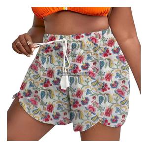 Shorts de Verano para Mujer con Estampado Dabu y Cordón Ajustable en la Cintura, Estilo Loungewear de Algodón con Estampado de Bloques - Product Image 4