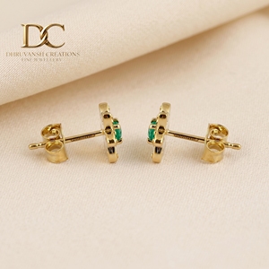 Unique Designer 14KT Solid Yellow Gold Lab Grown Diamond and Colombian Emerald <b>Stud</b> <b>Earring</b> IGI Certified Women Custom Jewelry - Product Image 3