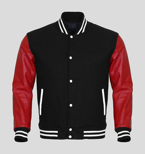 Custom Made Winter Varsity <b>Jacket</b> with <b>White</b> Leather Sleeves & Black Wool Body <b>Waterproof</b> Knitted Processing for Letterman - Product Image 3