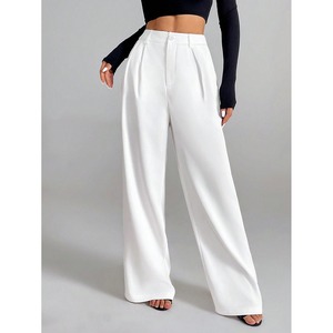 Pantalones deportivos blancos de talla grande para mujer, de cintura media, corte recto, con cordón, volantes, detalles de encaje, ajuste holgado, color liso, ecológicos. - Product Image 2