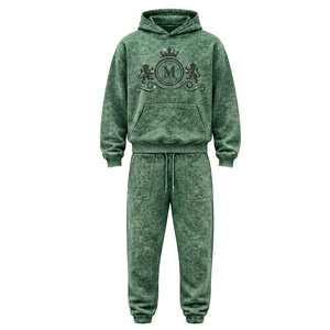 Conjunto Deportivo para Hombre, Verde, Lavado Ácido, 100% Algodón, 480 gsm, Alta Calidad, con Pedrería, Pantalones Largos con Cordón Ajustable, Ropa Casual - Product Image 3