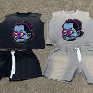 Conjunto de pantalones cortos de verano con estampado DTG personalizado, estilo vintage, lavado a la piedra, efecto desgastado por el sol, conjunto de 2 piezas, camiseta y pantalones cortos para hombre. - Product Image 1